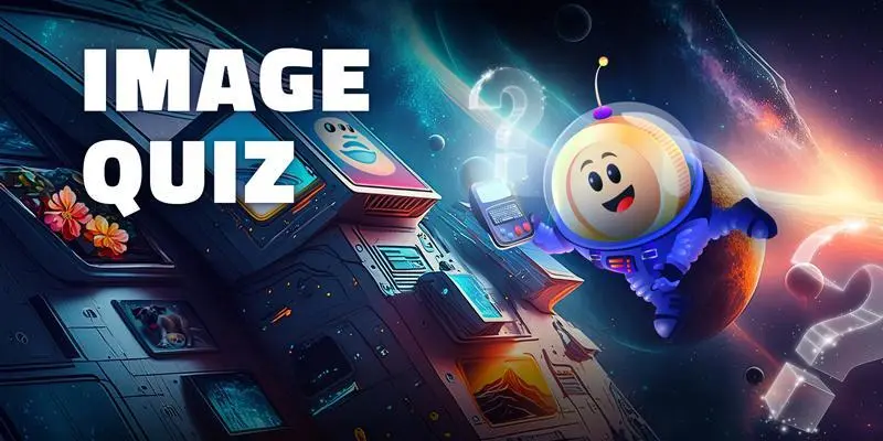 The words "Image Quiz" are overlaid on top of the outside of an arcade spaceship, as a golden coin character wearing a space suit works on the ship in the foreground by playing its games