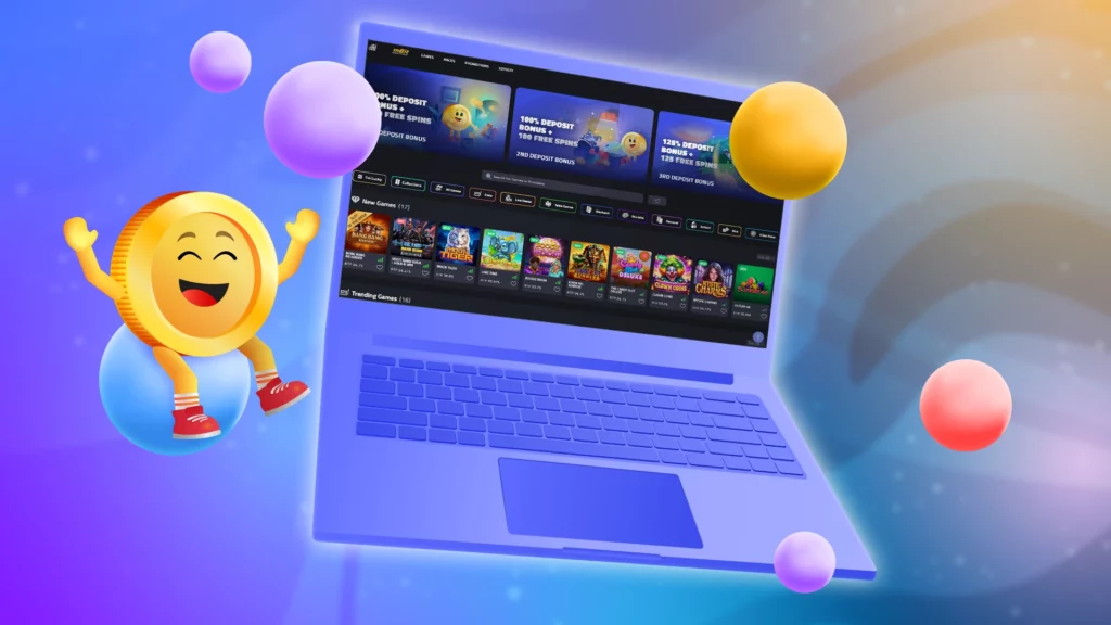 A happy Bitcoin character bounces on a bubble in front of a laptop screen displaying an online casino interface with various games.