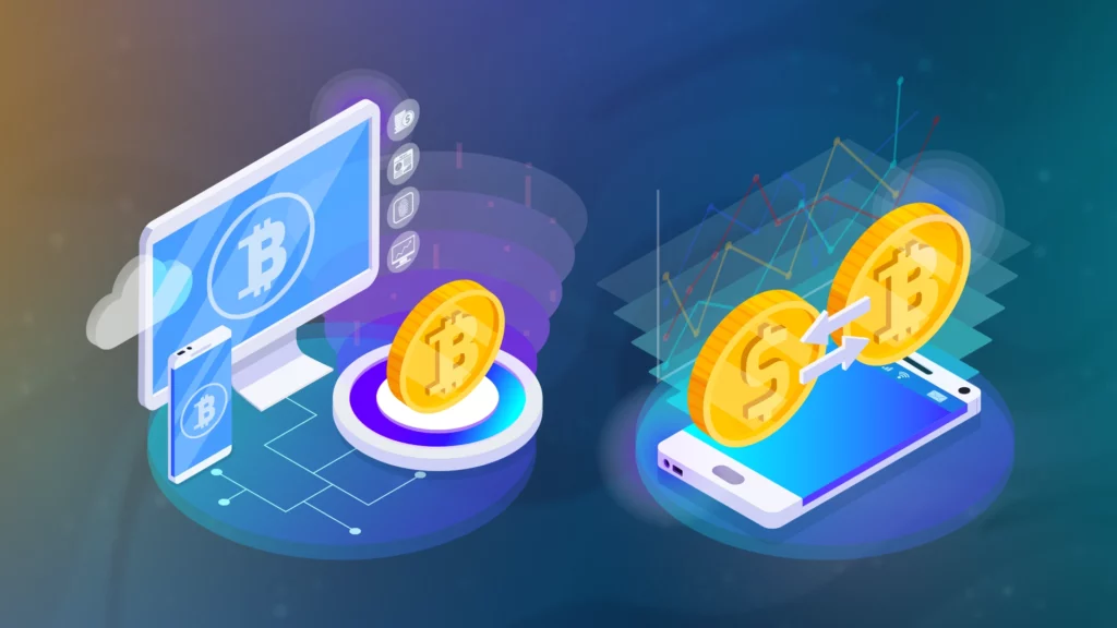 Illustration of cryptocurrency elements, featuring Bitcoin symbols on digital devices and coins transferring between a smartphone and a wireless server, with charts in the background.