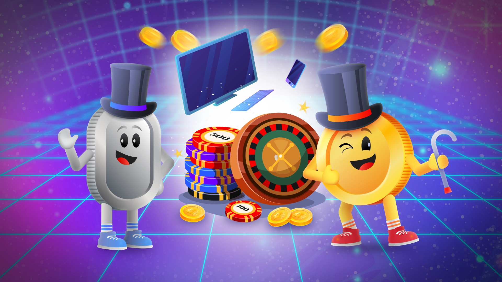 Animated casino elements including smiling Bitcoin and Litecoin characters with top hats, a roulette wheel, and a stack of poker chips set against a starry background.