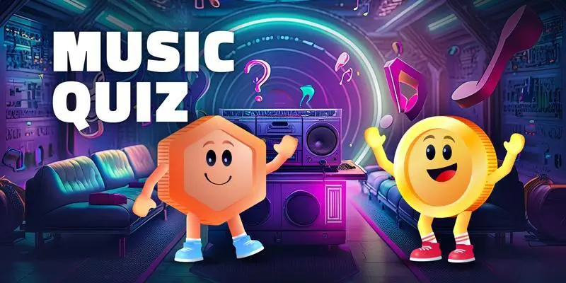 An animated golden coin with a smiling face stands with its arms raised next to an orange hexagon character with a smiling face, under the words "Music Quiz", shown in front of speakers on a neon purple and pink background