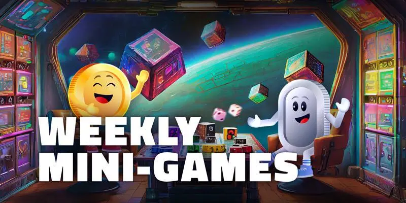 An animated golden coin with a smiling face stands with its arms raised next to a silver oval character with a smiling face, under the words "Weekly Mini-Games", in front of a background of board games and dice.