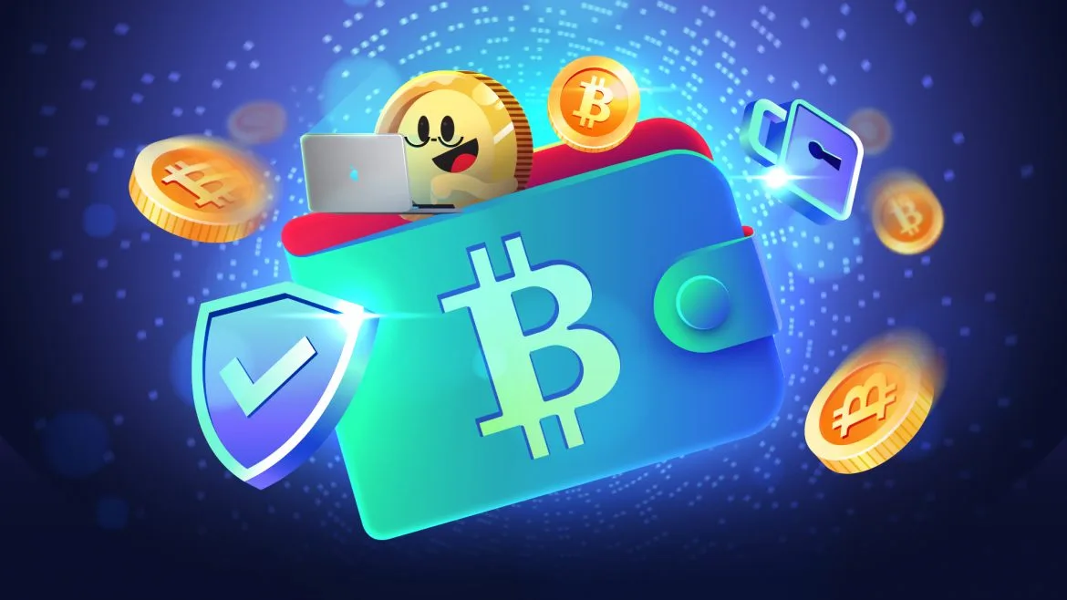 An animated smiling golden coin character peeking out of a blue crypto wallet which features a Bitcoin symbol on the front, surrounded by floating Bitcoins, on a Vibrant blue backdrop