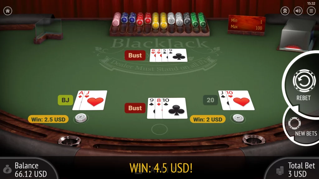 Blackjack table showing three hands: one with a winning blackjack, one bust with a total over 21, and one totaling 20.