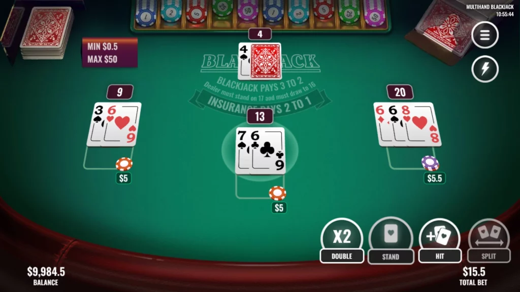 Online blackjack game interface showing three hands of cards, betting options, and chip denominations on a virtual green felt table.