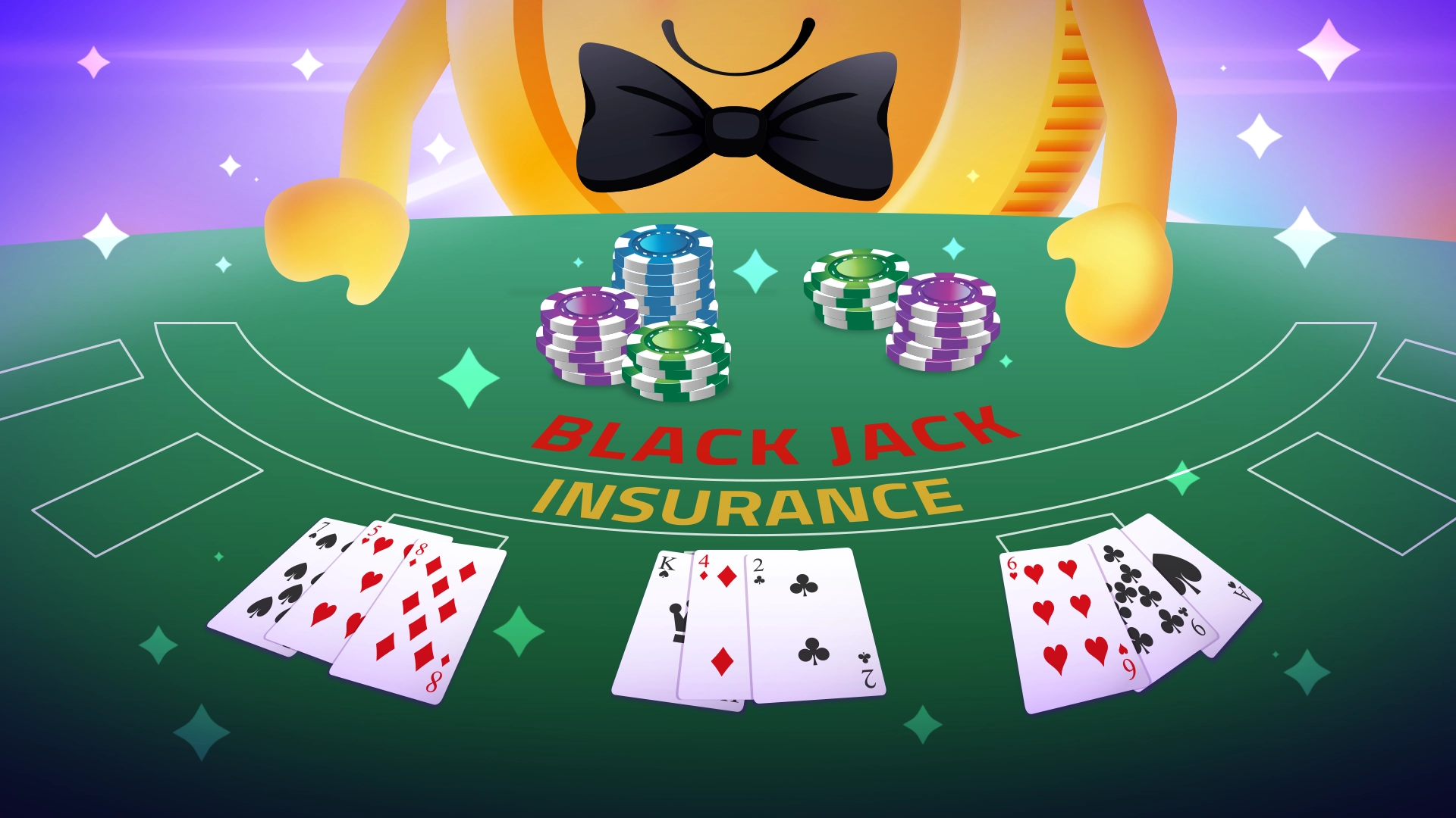 Vibrant blackjack table with playing cards and chips, featuring a smiling coin character and 'Black Jack Insurance' banner above.