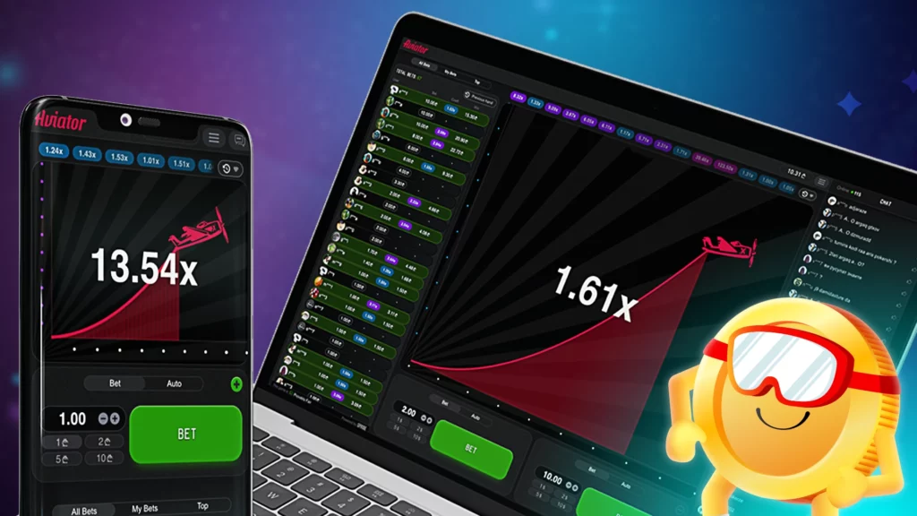 Illustration of a mobile phone and laptop displaying the Aviator game interface with multipliers of 13.54x and 1.61x, representing the dynamic betting aspect of the game