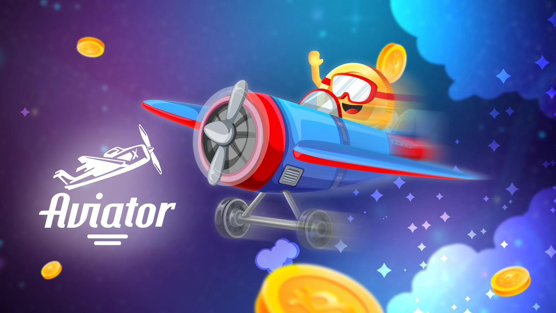 Promotional banner for the Aviator game showing a cartoon-style airplane flying among stars and coins with the Aviator logo, symbolizing the potential for winning in the online casino game