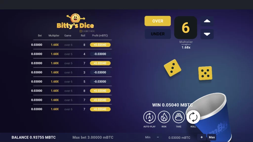 Screenshot of the online game 'Bitty's Dice' with a user interface showing betting options, game outcomes, and an 'Over' and 'Under' selection, set against a dark background with a smiling coin mascot.