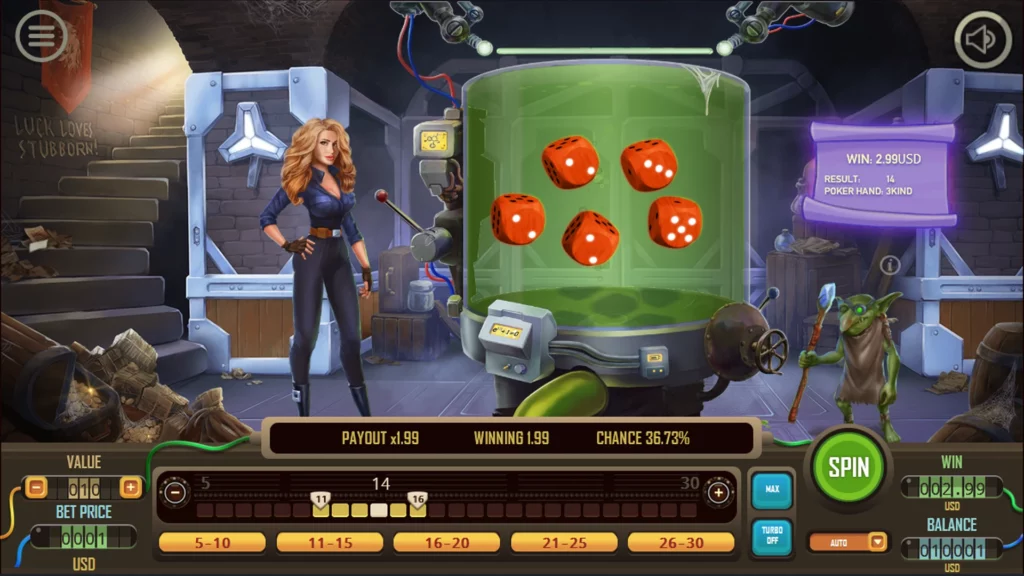 Gameplay screen of the Troll Dice game featuring a realistic female character and a green creature, with the dice results displayed in a large glass tube in the center, against a backdrop of a dungeon-like setting.