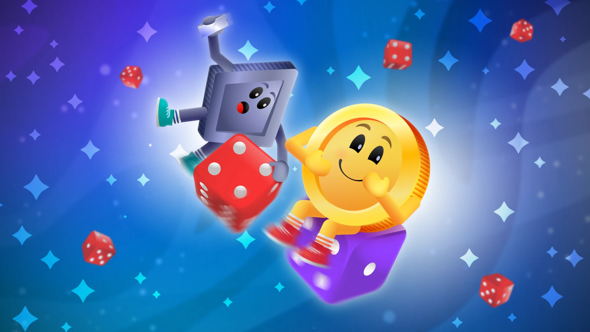 Animated banner showing a smiling golden coin character and a robotic figure with dice for a head, symbolizing online Bitcoin dice games, surrounded by floating dice and a vibrant blue backdrop