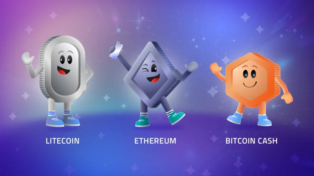 Cartoon representations of cryptocurrencies as friendly characters; a silver Litecoin, a grey Ethereum, and an orange Bitcoin Cash against a purple digital backdrop, symbolizing the playful side of digital finance.