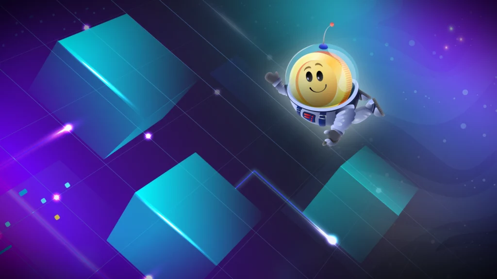 A cheerful Bitcoin character in a space suit floating above a stylized, geometric representation of a blockchain network, illustrating the advanced and futuristic concept of cryptocurrency transactions in space.