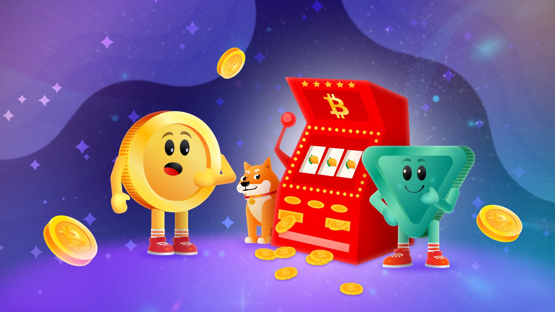 Animated Bitcoin and Ethereum characters and a dog representing Doge Coin alongside a red slot machine adorned with the Bitcoin logo, with golden coins depicting cryptocurrency symbols in a whimsical, virtual casino setting.