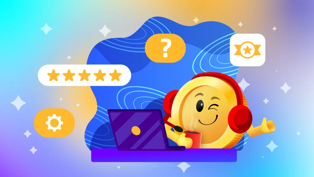 Animated Bitcoin character wearing headphones, giving a thumbs up while working on a laptop, with various customer service icons like stars and gears floating around, symbolizing online customer support.