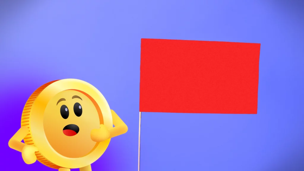 Animated bitcoin character looking shocked, looking at a blank red flag, on a plain blue background, representing an alert or warning in a digital context.