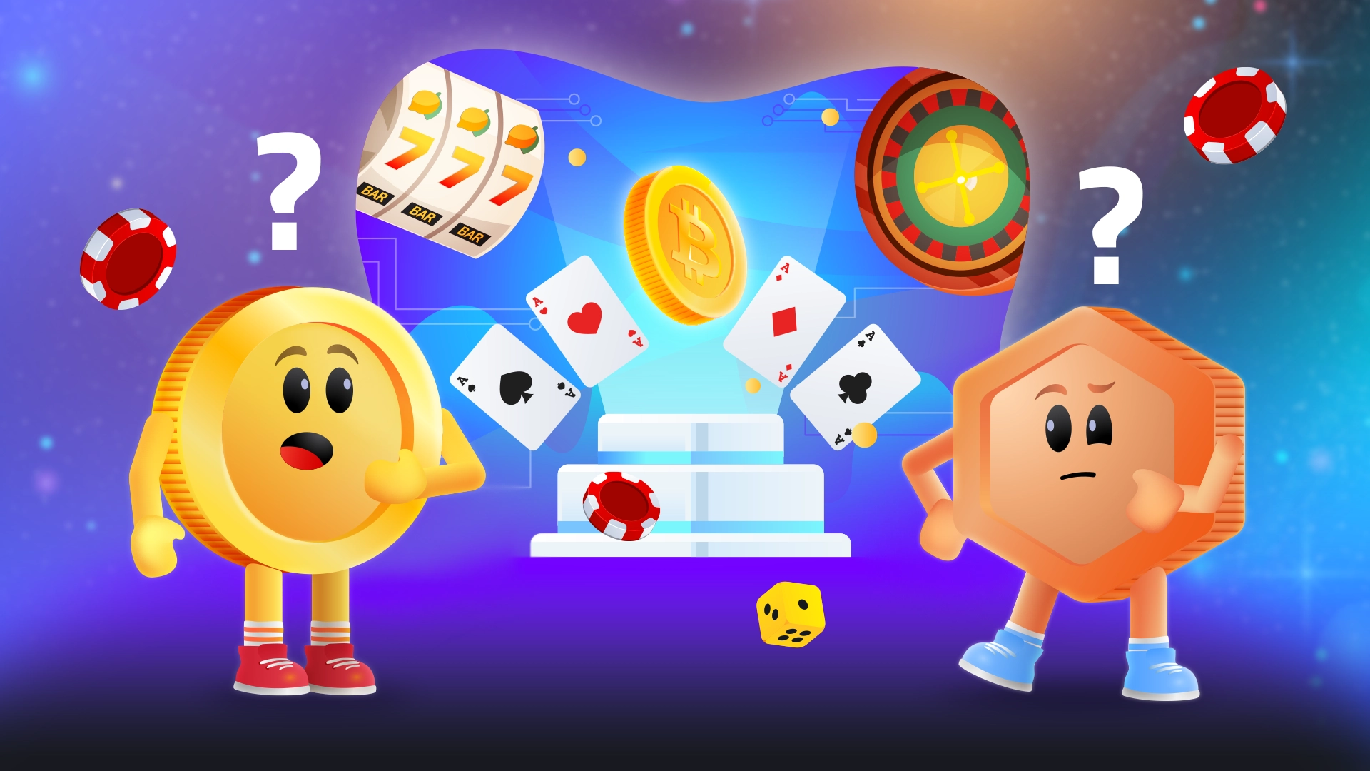 Animated Bitcoin and Bitcoin Cash characters with a surprised expression and question marks on top of them, surrounded by casino chips, cards, dice, and a slot machine representing the concept of online casino games.